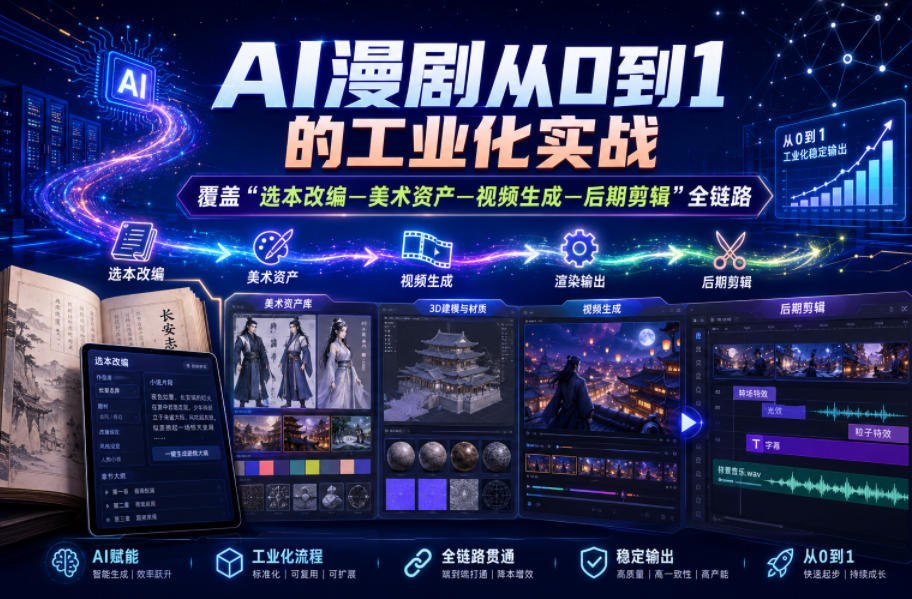 AI漫剧从0到1的工业化实战，覆盖“选本改编—美术资产—视频生成—后期剪辑”全链路课程